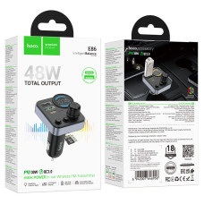 FM-модулятор HOCO E86, 48W, PD30W+QC3.0, 1xType-C+2xUSB, BT 5.4, Чорний