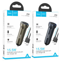 АЗП HOCO Z54, 15.5W, 2.4A, 2xUSB, Довгий, Сірий