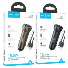 АЗП HOCO Z54, 15.5W, 2.4A, 2xUSB, Довгий, Сірий