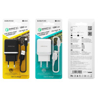 Мережевий зарядний пристрій Borofone BA36A, QC3.0, з кабелем MicroUSB, Чорний
