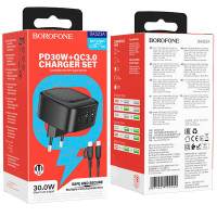 Мережевий зарядний пристрій Borofone BAS23A, PD30W, з кабелем Lightning, Чорний