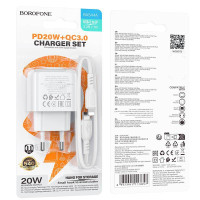 Мережевий зарядний пристрій Borofone BAS44A, PD20W, з кабелем Lightning, Білий