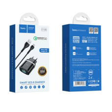 Мережевий зарядний пристрій Hoco C12 Smart, 2.4A, з кабелем Lightning, Чорний