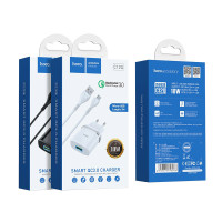Мережевий зарядний пристрій Hoco C12Q Smart, QC3.0, з кабелем MicroUSB, Чорний