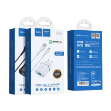 Мережевий зарядний пристрій Hoco C12Q Smart, QC3.0, з кабелем MicroUSB, Чорний