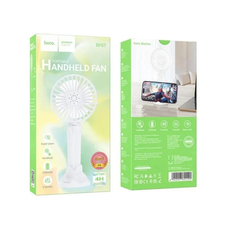 Вентилятор портативний Hoco DF07, ручний, тримач для телефону, 1200 mAh, білий