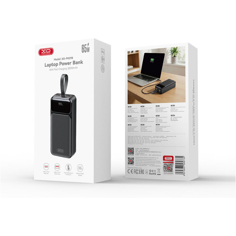 Power Bank XO PR298, 30000 мА·год, 65W, чорний